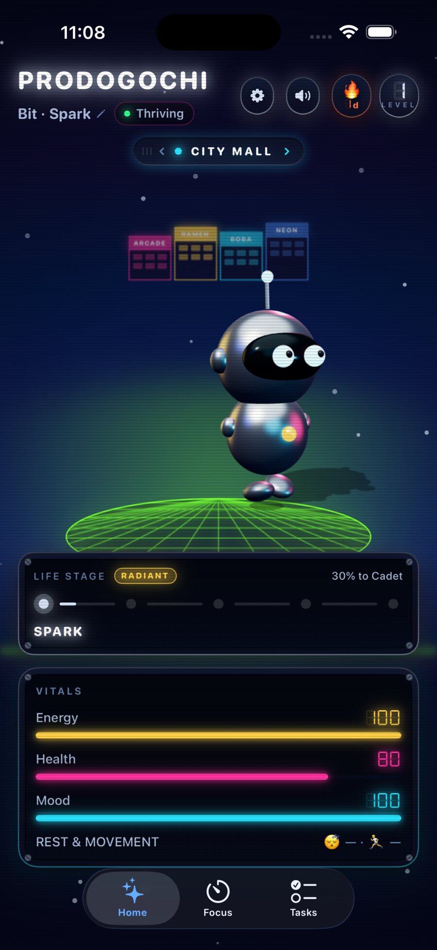 Prodogochi home screen with the companion robot