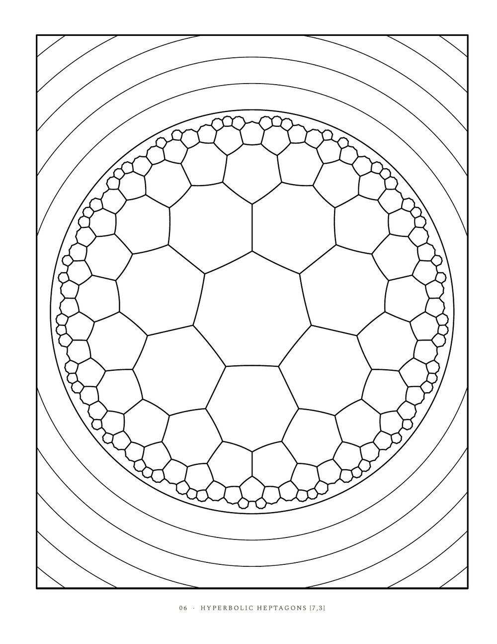 Coloring page: hyperbolic heptagons in a disk