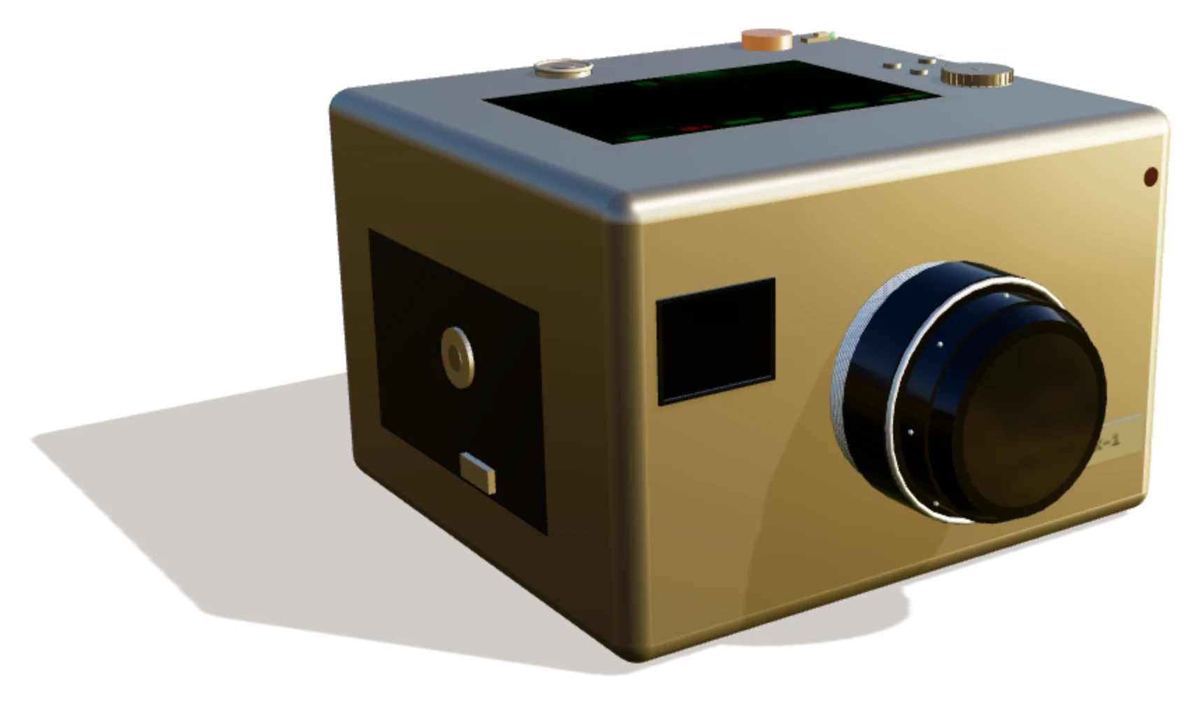 The MK-1 cinema camera: a champagne aluminium body with a black lens and a screen on top