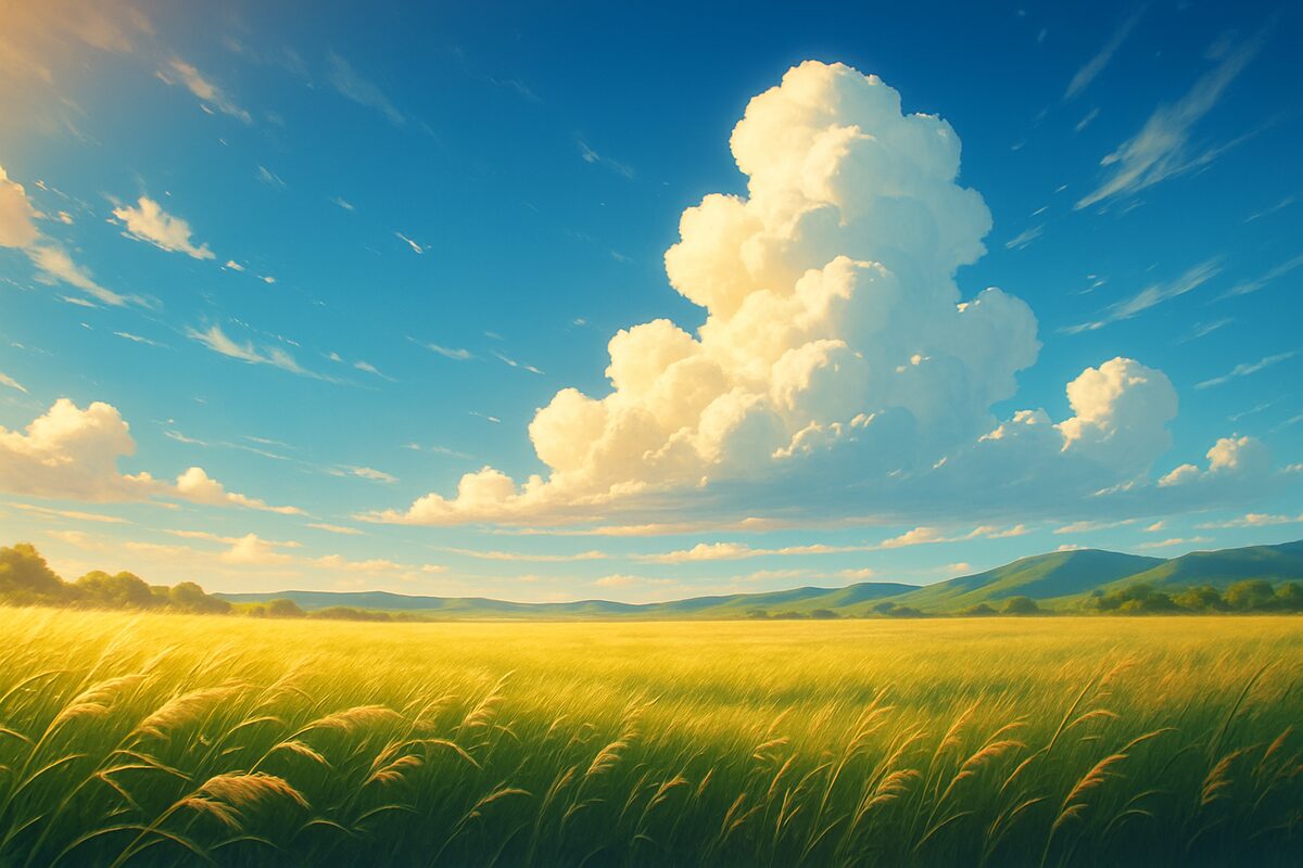 Storyboard frame: an empty field of tall grass under summer clouds