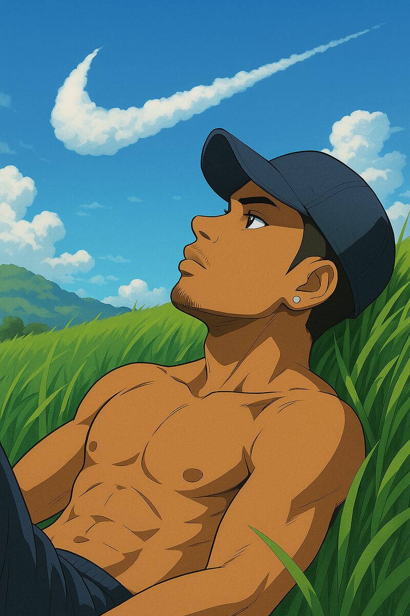 Storyboard frame: the runner lying back in the grass, looking at the sky