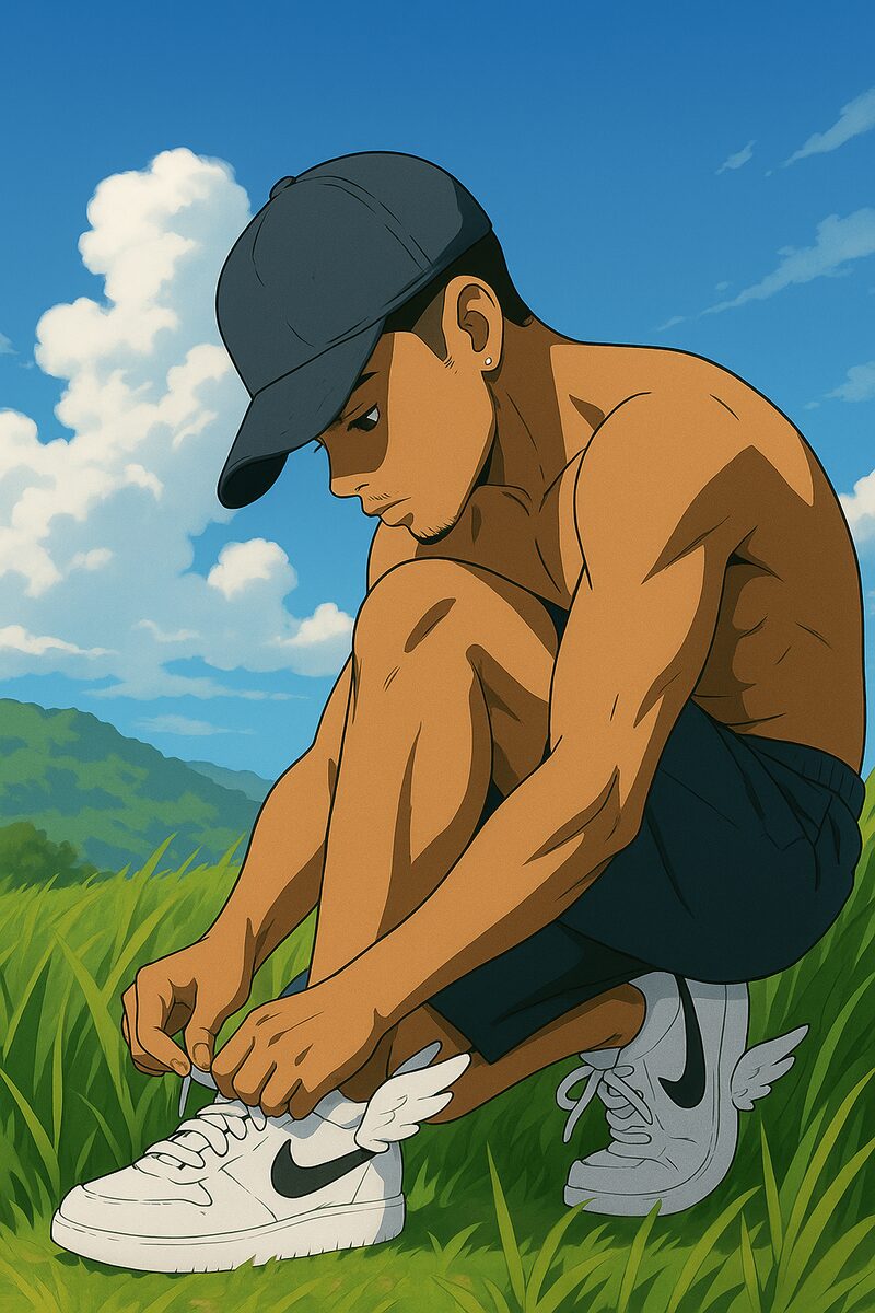 Storyboard frame: the runner crouching to tie his shoes
