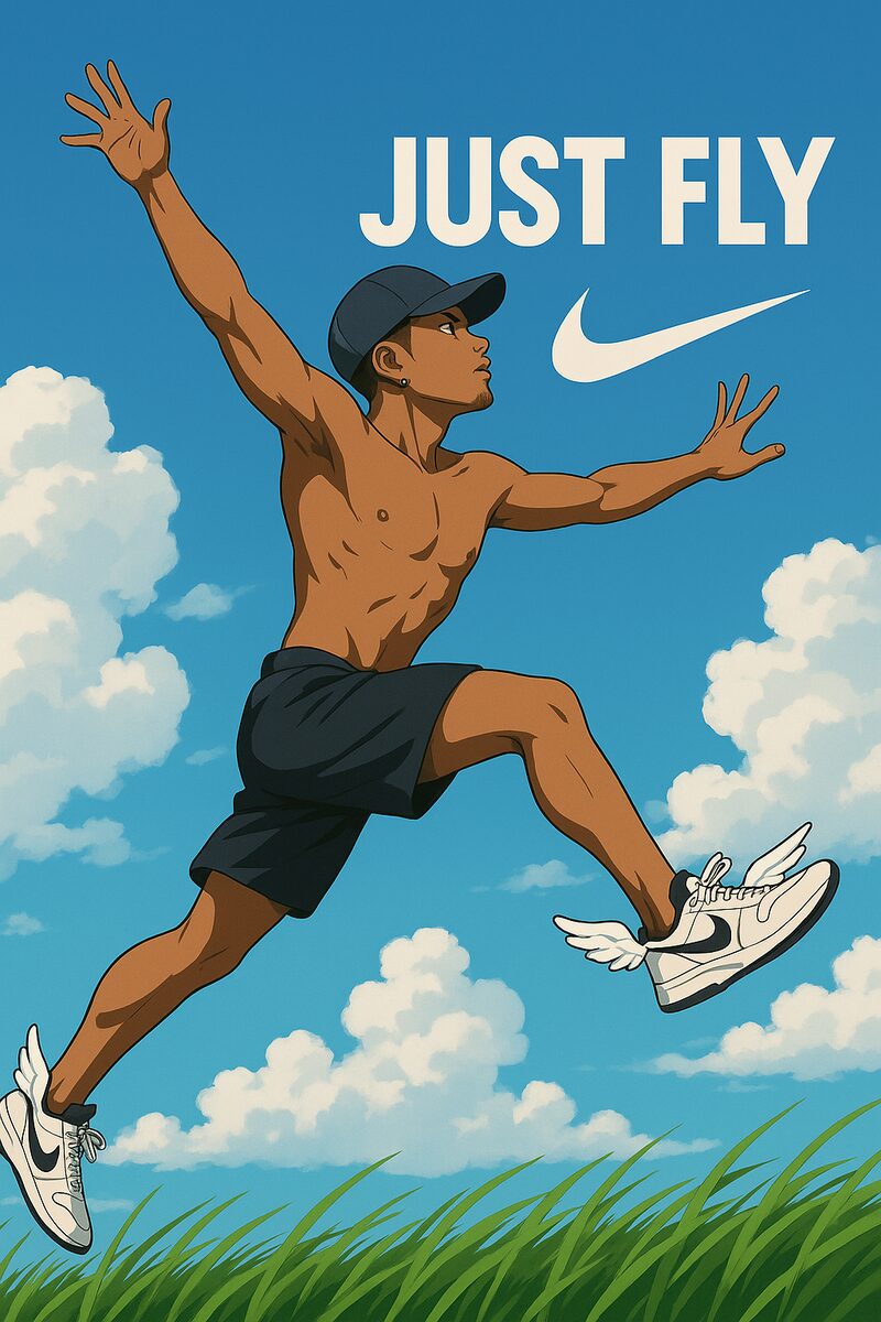 Storyboard frame: the runner leaping into the sky under the Just Fly title