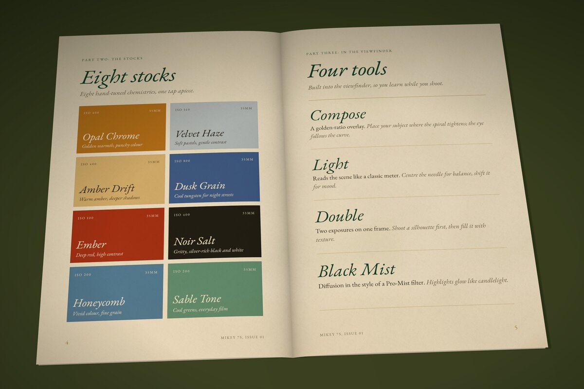 Spread: swatches for the eight film stocks, facing the four viewfinder tools