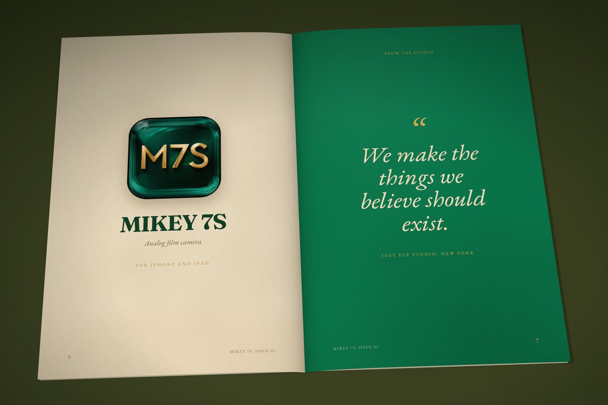Spread: the app icon on cream, facing the studio manifesto on green