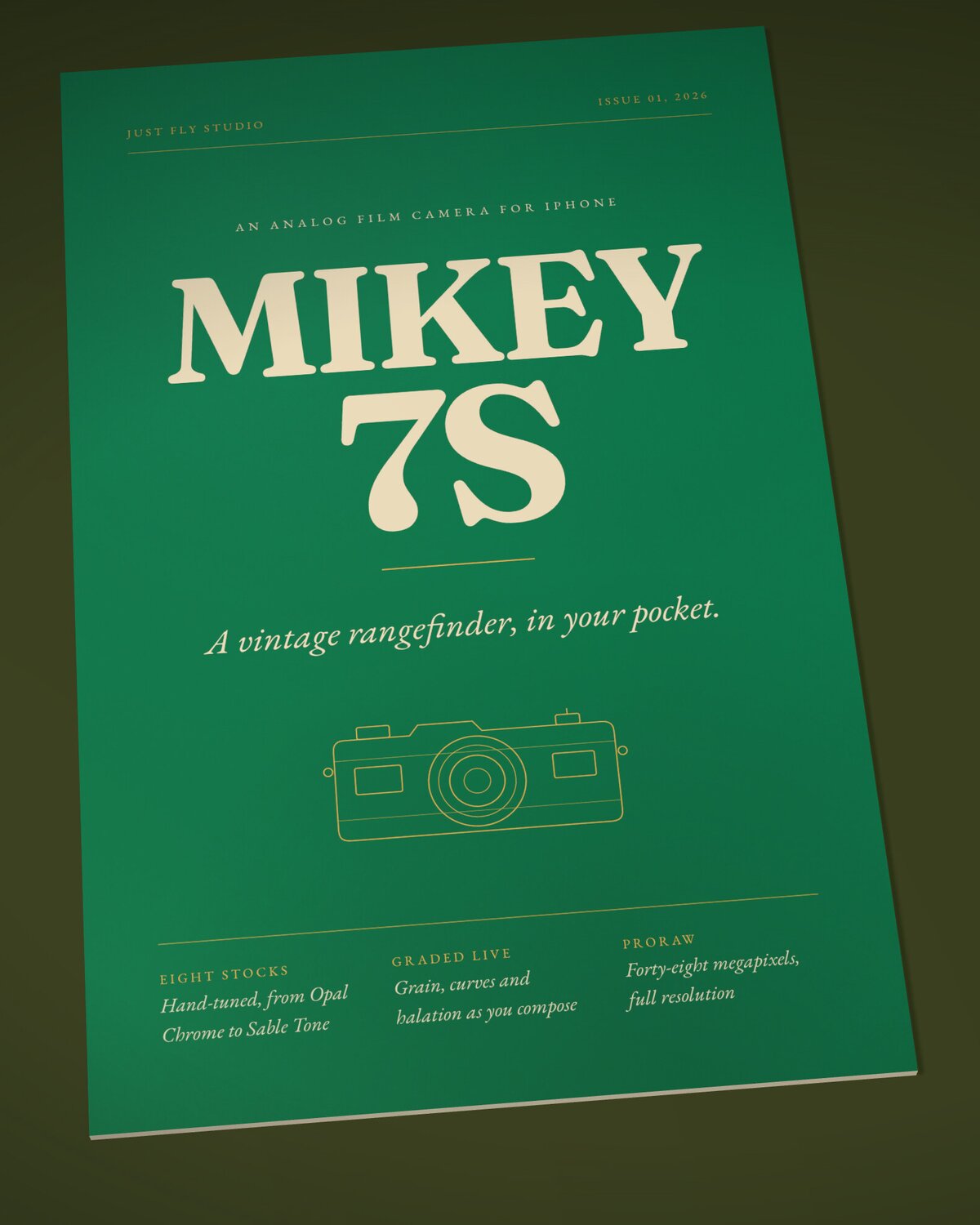MIKEY 7S magazine cover: the name in cream on emerald green, with a gold line drawing of a rangefinder